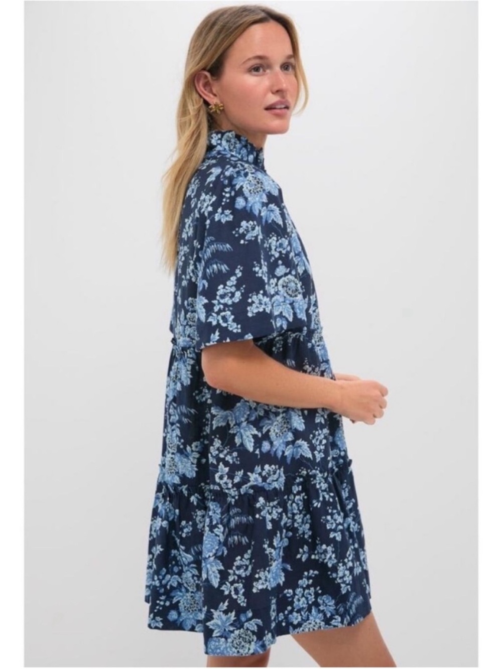 TUCKERNUCK Twilight Garden Crawford Dress Blue Floral Tiered Mini Linen Blend - Picture 4 of 9